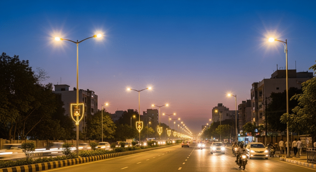 Streets of Gurugram lit with new LED street lights ahead of Diwali, showing people and vehicles on clean roads under a safe and bright evening atmosphere.
